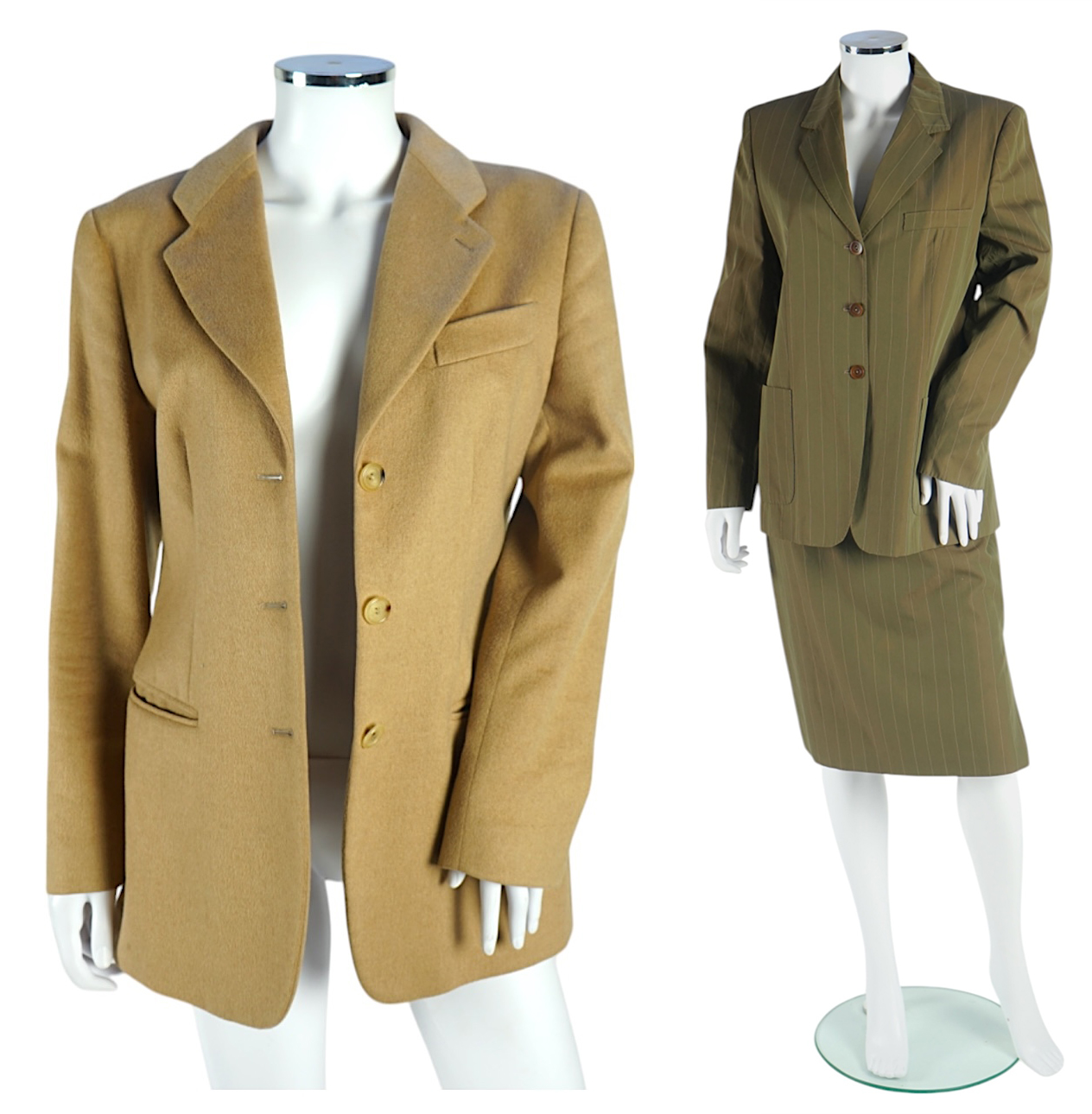 A Max Mara lady's brown pinstripe skirt suit and a Giorgio Armani camel cashmere? single breasted jacket, Suit Size 12 and jacket size EU 42